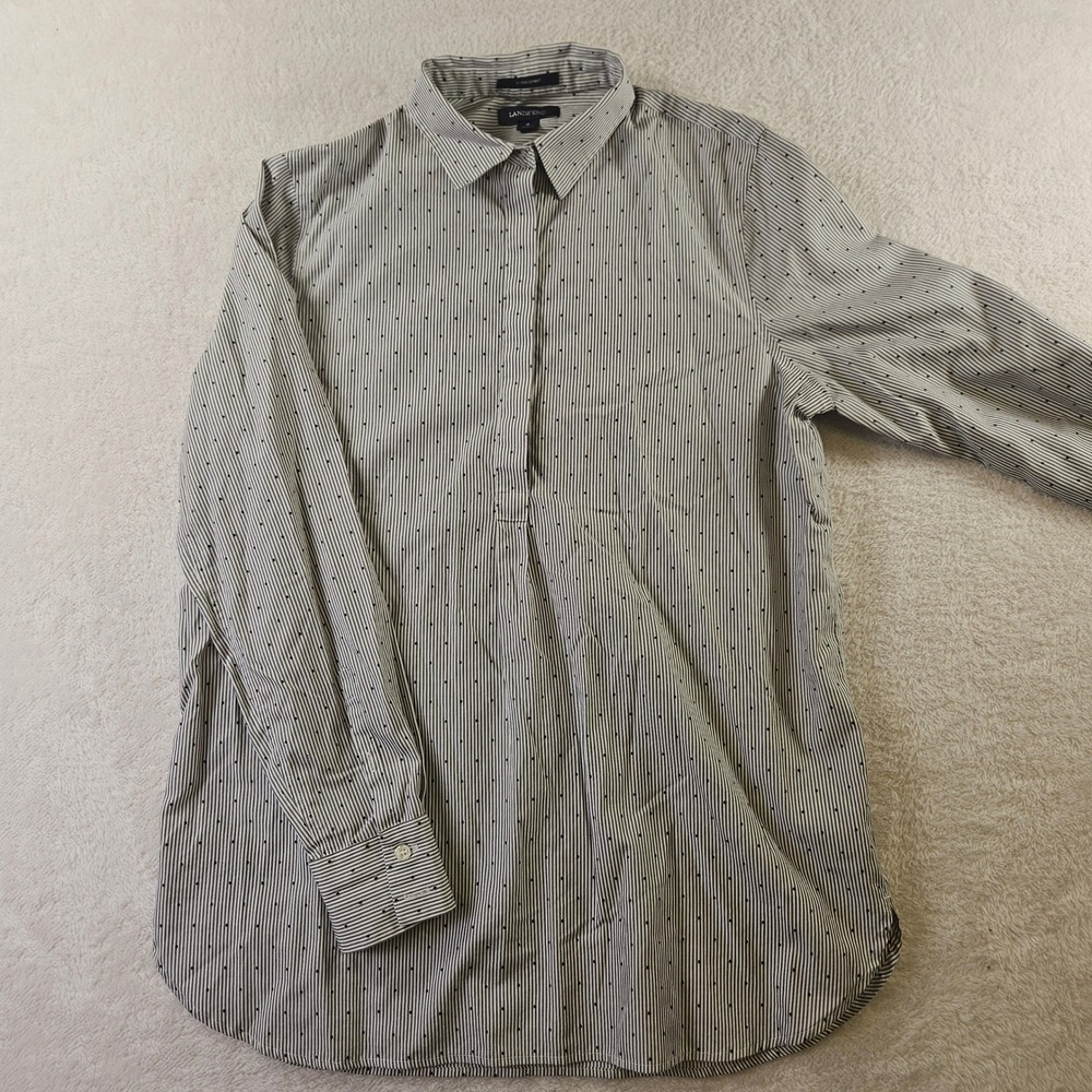 Lands' End Womens No Iron Supima Cotton Striped Polka Dot Shirt Gray White SZ 8